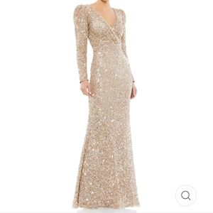Gold Sequin V-Neck Long Sleeve Evening Gown